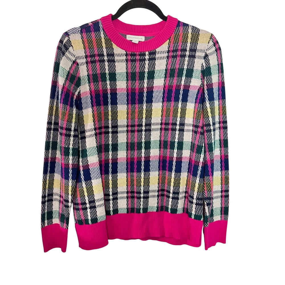 Vtg Charter Club Tartan Plaid Preppy Pink Sweater Women L Luxury Round Neck